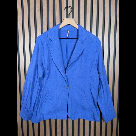 Free People Blazer Jacket Small Womens Blue 1-Button Pockets Casual Cotton Linen - Picture 1 of 7